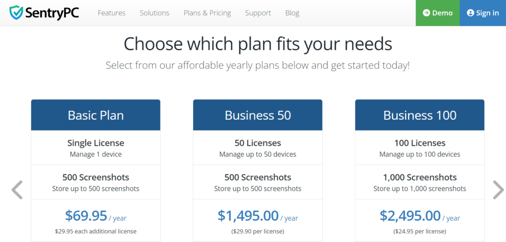 Pricing plans sentrypc